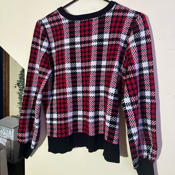 Marled Plaid Knit Sweater Black Red Women's Large L Holiday Houndstooth Checker - Picture 2 of 8